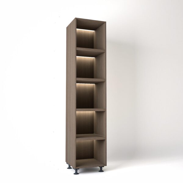 50cm width Open wardrobe Shelving unit in Grey Oak finish, Rebated with glowing LED's to each shelf in a white studio setting