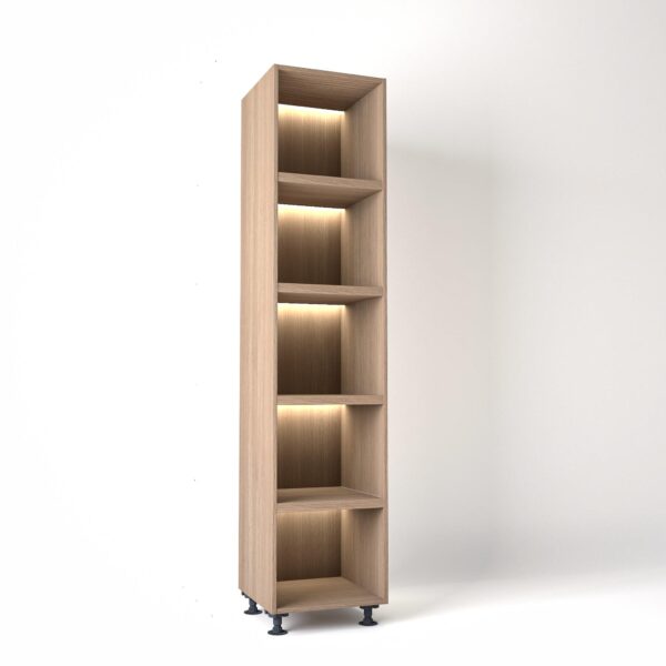 50cm width Open wardrobe Shelving unit in Mid Oak finish, Rebated with glowing LED's to each shelf in a white studio setting