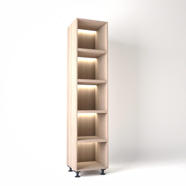 50cm width Open wardrobe Shelving unit in Light Oak finish, Rebated with glowing LED's to each shelf in a white studio setting