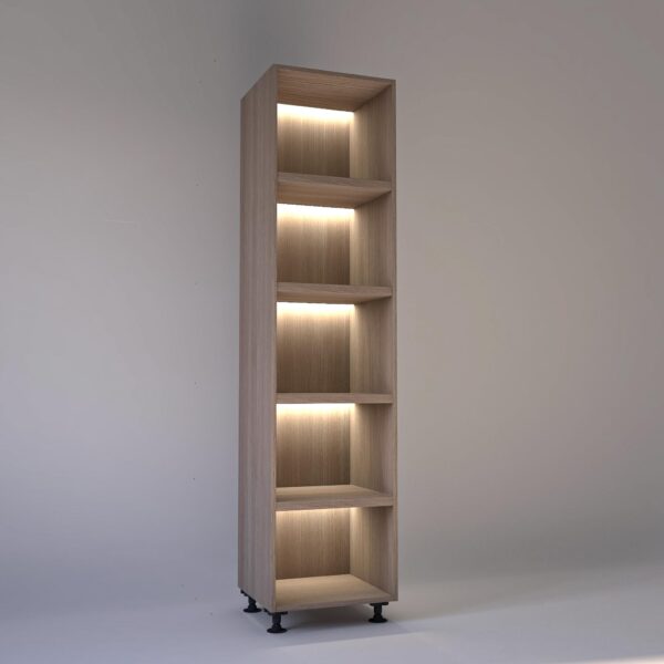 55cm width Open wardrobe Shelving unit in Light Oak finish, Rebated with glowing LED's to each shelf in a Low lit white studio setting