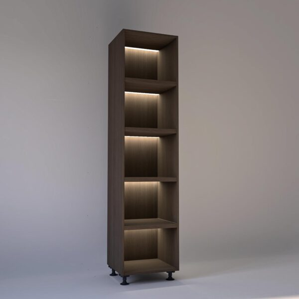 55cm width Open wardrobe Shelving unit in Grey Oak finish, Rebated with glowing LED's to each shelf in a Low lit white studio setting