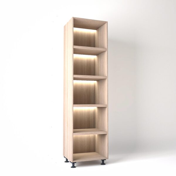 60cm width Open wardrobe Shelving unit in Light Oak finish, Rebated with glowing LED's to each shelf in a white studio setting