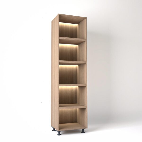 60cm width Open wardrobe Shelving unit in Mid Oak finish, Rebated with glowing LED's to each shelf in a white studio setting
