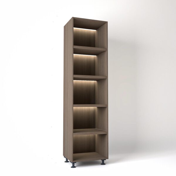 60cm width Open wardrobe Shelving unit in Grey Oak finish, Rebated with glowing LED's to each shelf in a white studio setting