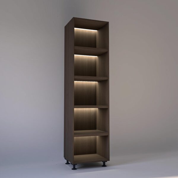 60cm width Open wardrobe Shelving unit in Grey Oak finish, Rebated with glowing LED's to each shelf in a Low lit white studio setting