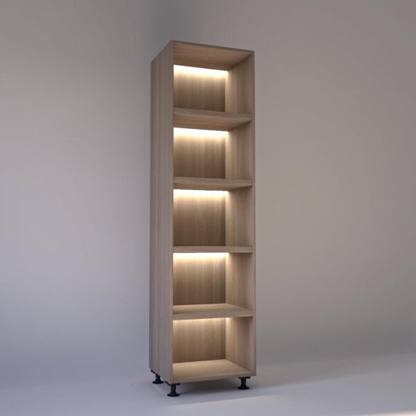 60cm width Open wardrobe Shelving unit in Light Oak finish, Rebated with glowing LED's to each shelf in a Low lit white studio setting