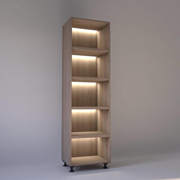 65cm width Open wardrobe Shelving unit in Light Oak finish, Rebated with glowing LED's to each shelf in a Low lit white studio setting