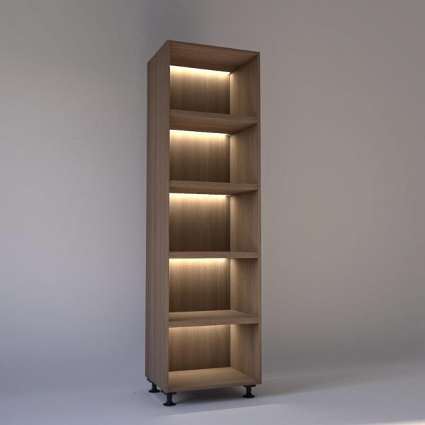 65cm width Open wardrobe Shelving unit in Mid Oak finish, Rebated with glowing LED's to each shelf in a Low lit white studio setting