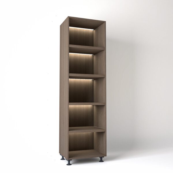 65cm width Open wardrobe Shelving unit in Grey Oak finish, Rebated with glowing LED's to each shelf in a white studio setting