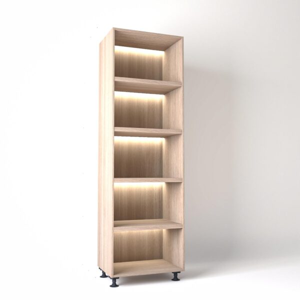 70cm width Open wardrobe Shelving unit in Light Oak finish, Rebated with glowing LED's to each shelf in a white studio setting