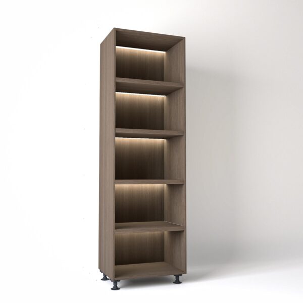 70cm width Open wardrobe Shelving unit in Grey Oak finish, Rebated with glowing LED's to each shelf in a white studio setting