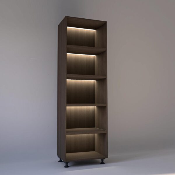 70cm width Open wardrobe Shelving unit in Grey Oak finish, Rebated with glowing LED's to each shelf in a Low lit white studio setting