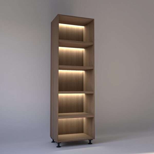 70cm width Open wardrobe Shelving unit in Mid Oak finish, Rebated with glowing LED's to each shelf in a Low lit white studio setting