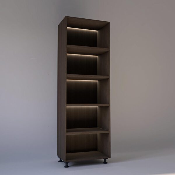 75cm width Open wardrobe Shelving unit in Grey Oak finish, Rebated with glowing LED's to each shelf in a Low lit white studio setting