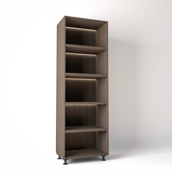 75cm width Open wardrobe Shelving unit in Grey Oak finish, Rebated with glowing LED's to each shelf in a white studio setting