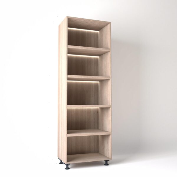 75cm width Open wardrobe Shelving unit in Light Oak finish, Rebated with glowing LED's to each shelf in a white studio setting