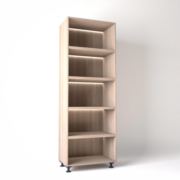 80cm width Open wardrobe Shelving unit in Light Oak finish, Rebated with glowing LED's to each shelf in a white studio setting