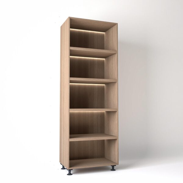 80cm width Open wardrobe Shelving unit in Mid Oak finish, Rebated with glowing LED's to each shelf in a white studio setting