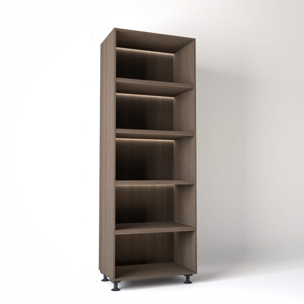 80cm width Open wardrobe Shelving unit in Grey Oak finish, Rebated with glowing LED's to each shelf in a white studio setting