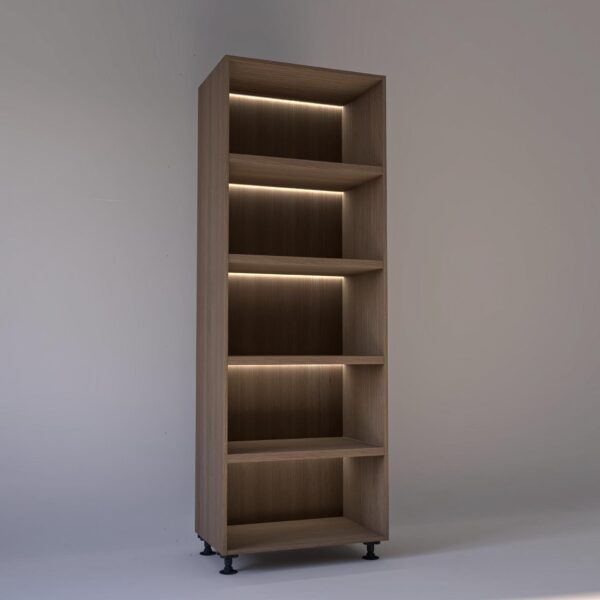 80cm width Open wardrobe Shelving unit in Mid Oak finish, Rebated with glowing LED's to each shelf in a Low lit white studio setting