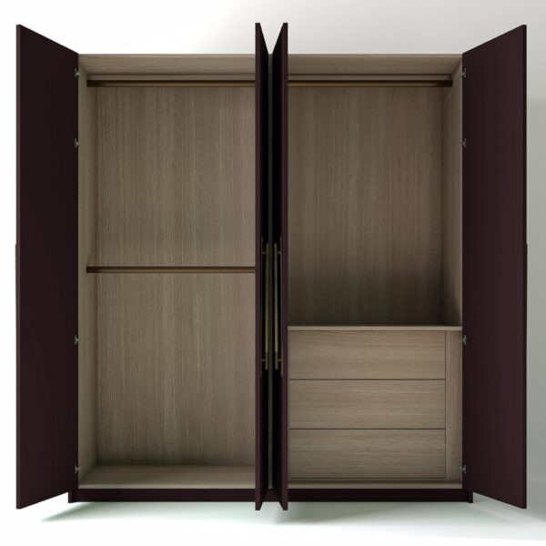 Painted Wardrobe with open Doors and Oak interior Drawers on a white studio Background