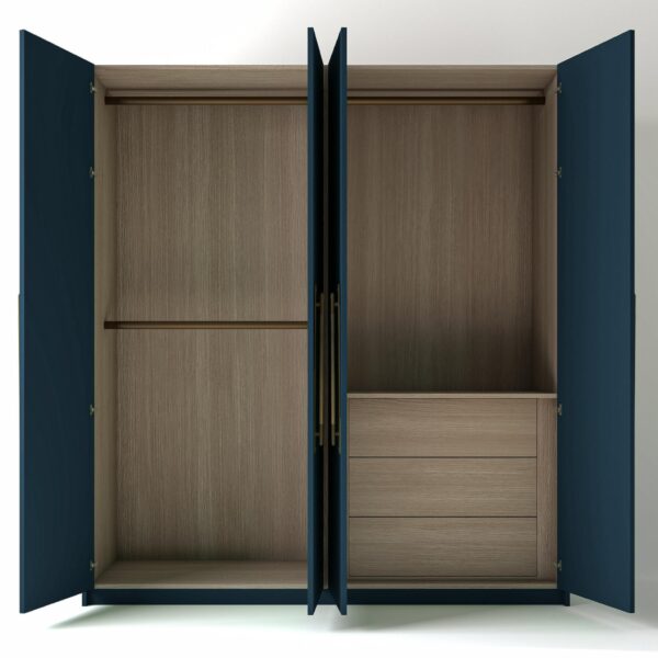 Painted Wardrobe with open Doors and Oak interior Drawers on a white studio Background