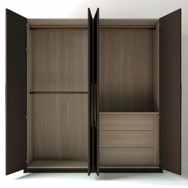 Painted Wardrobe with open Doors and Oak interior Drawers on a white studio Background