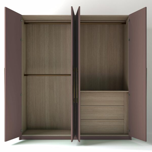 Painted Wardrobe with open Doors and Oak interior Drawers on a white studio Background