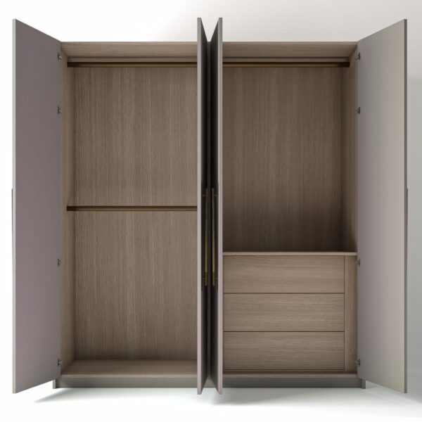 Painted Wardrobe with open Doors and Oak interior Drawers on a white studio Background