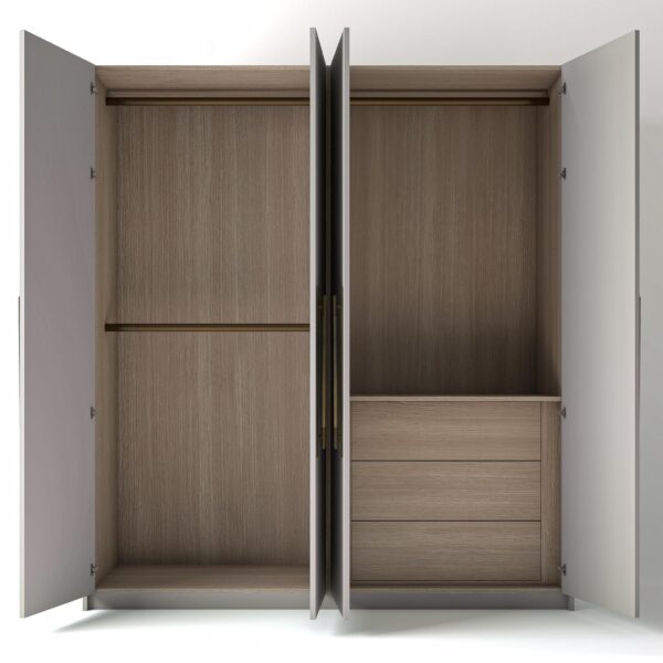 Painted Wardrobe with open Doors and Oak interior Drawers on a white studio Background