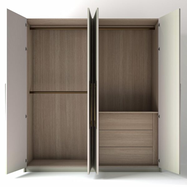 Painted Wardrobe with open Doors and Oak interior Drawers on a white studio Background