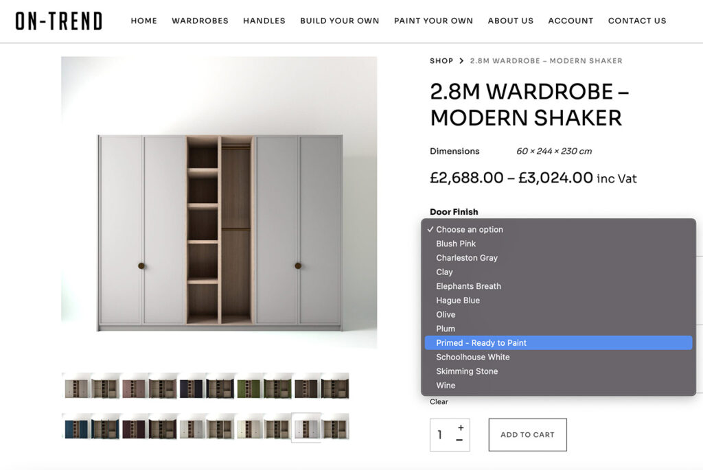 Screenshot with instruction of how to select wardrobe 'paint your own' door finish
