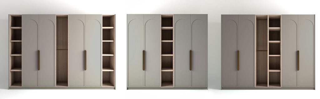 Wardrobes with arched doors in a dove grey paint finish