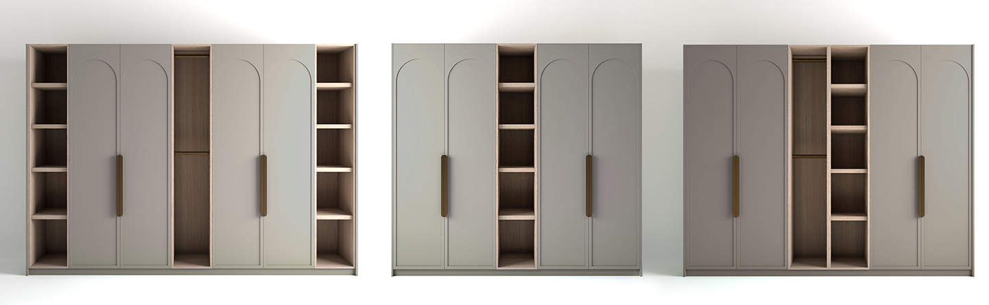Wardrobes with arched doors in a dove grey paint finish